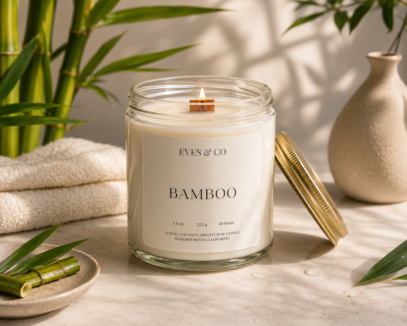 Bamboo Luxury Candle – 7.5 oz Clear Glass Jar | Clean Fresh Spa Scent | Hand Poured Candle by Eves & Co